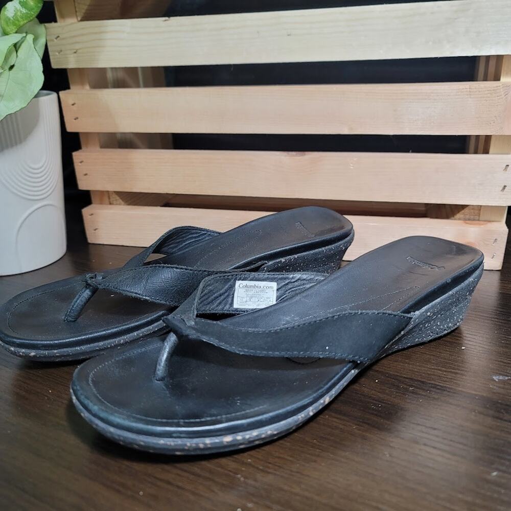 Columbia Sandals Womens 10 Slip On Slides Black Leather Casual Open Toe Wedge